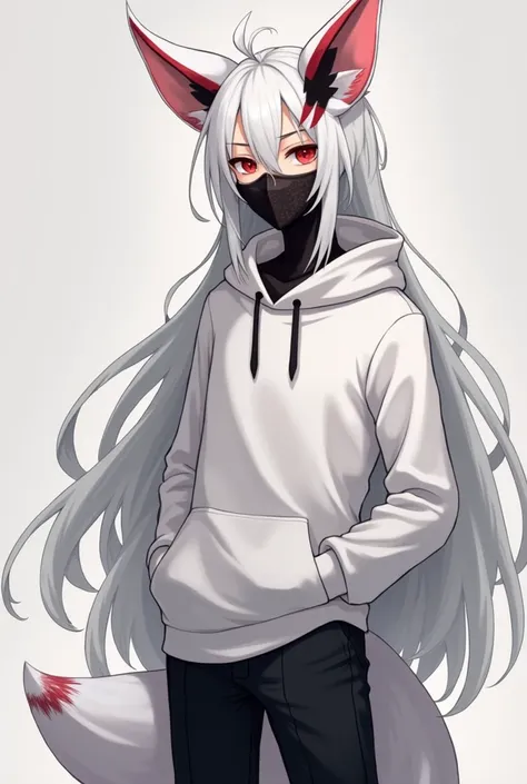 -( description )
 Boy  ,  190 centimeters tall and at the same time he is pumped ,  he has a long ,  white and silky hair until the appearance eyes as well as red as blood,  his face and eyes are not emotional .
-(clothing )
 He is dressed in a white hoode...