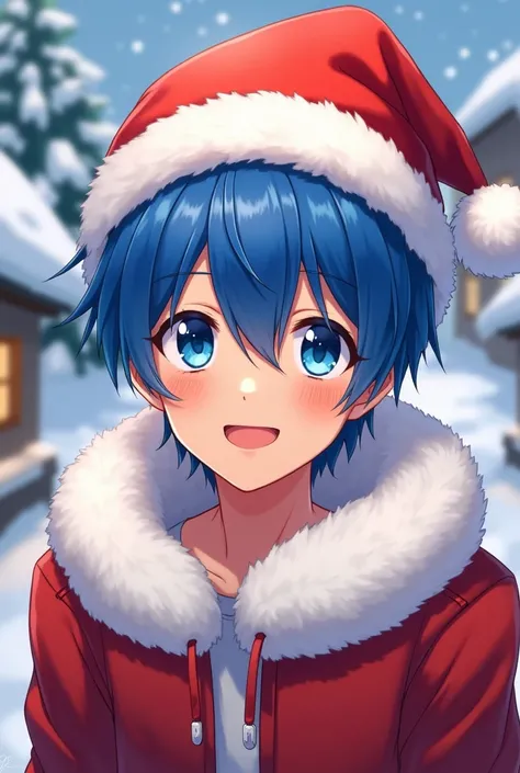 Anime  male with blue hair and blue eyes wearing Santa hat smiling proud in the winter