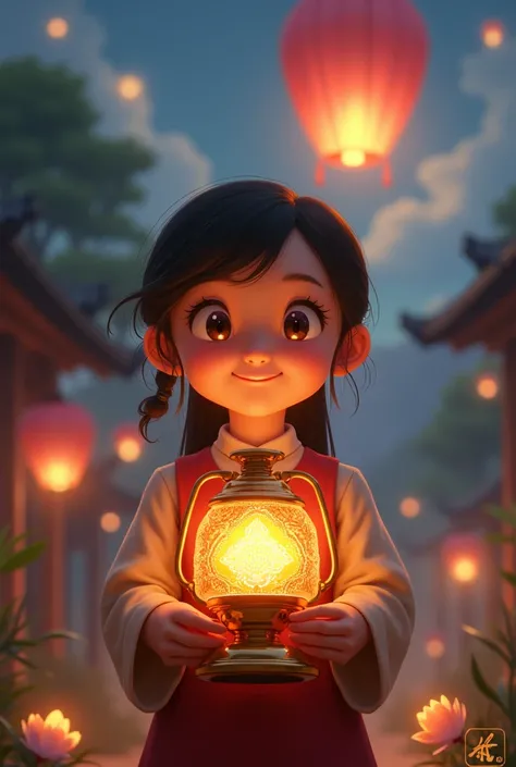 The girl named Mug holds a self-made lamp with pride. She releases a lantern with a prayer.