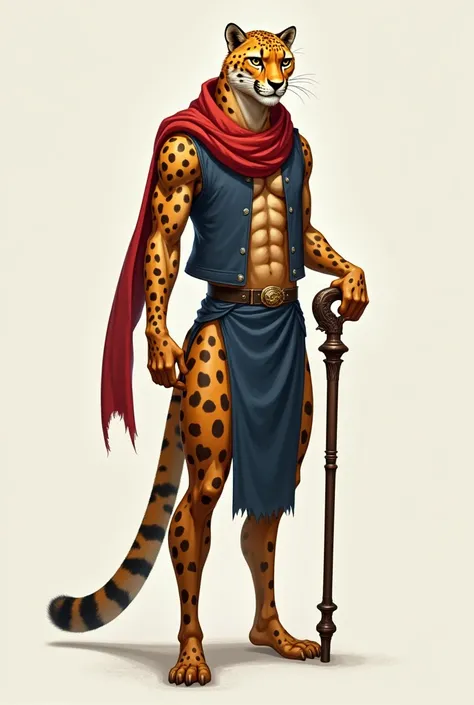  Make the illustration of a hybrid of a human with a cheetah . He must be young ,  not very old and not very young .  He must wear a simple blue vest and a flowing red scarf around his neck.  The rest of his body must be naked .  In addition he must wear a...