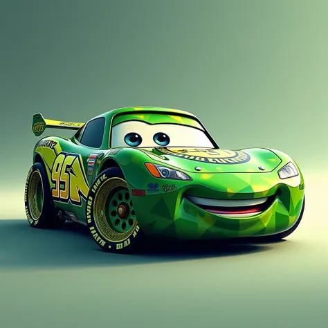 Lightning McQueen, painted in cryptocurrency style. Green graphic on the body. Bitcoin pattern disks. Vector image.