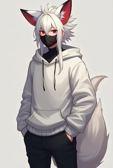 -( description )
 Boy  ,  190 centimeters tall and at the same time he is pumped ,  he has a long ,  white and silky hair until the appearance eyes as well as red as blood,  his face and eyes are not emotional .
-(clothing )
 He is dressed in a white hoode...