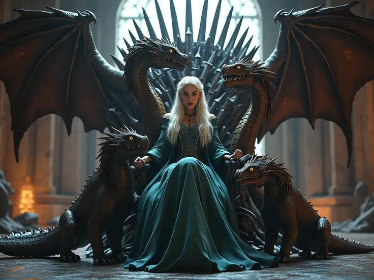 Daenerys Targaryen sits on the iron thorne while her 3 dragons around her