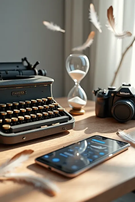  A table full of tools : An old typewriter, a DSLR camera ,  a smartphone with the screen showing design apps and a shiny glass hourglass.  Feathers float around ,  mixed with gold data cables 