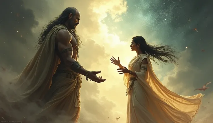 Savitri walks boldly toward Yamraj, her hands gesturing as she speaks. Her voice and presence exude wisdom and courage. Yamraj stands still, listening intently, his expression shifting from sternness to intrigue. The background showcases a blend of light a...