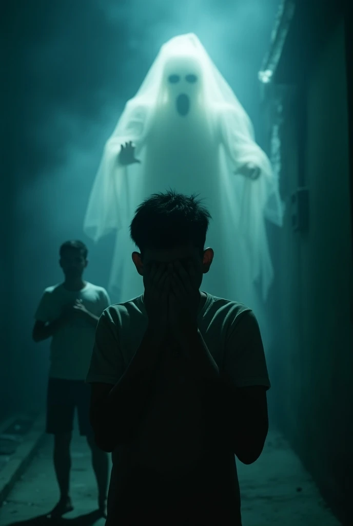 A ultra hd image of "teen age Raju screams in horror, his hands on his face, overwhelmed by terror. The ghostly figure grows larger, and an eerie light surrounds it. Pappu is standing behind him, clutching his chest in fright."