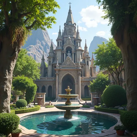 medieval fantasy medium sized temple near the market, fountain, trees, bushes