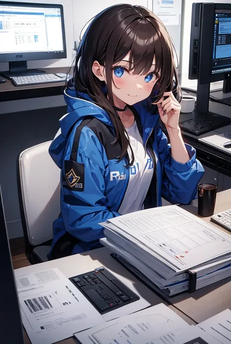  1 girl,  study with 2 monitors ,Multiple monitors , desktop computer ,night, dark room,Blue lighting, in the room, sitting on a chair,Brown Hair, gradation,Wood-grain desk ,cute,A little more mature, blue eyes,  open your mouth ,  hooded white jacket , co...