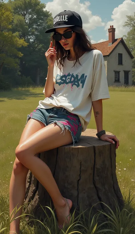 18th century oils paintings: cottage core dynamic diva: female smoking thick jet black sunglasses recline on stump with graffiti branded baggy shorts and loose tee with kick trainers and a streetwear snapback cap: her tee free flows loosely: by an English ...