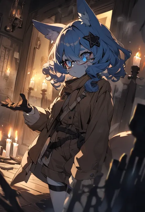 furry girl with fox ears, short curly blue hair and fur covering her body. She has piercing blue eyes and a white-tipped tail, wearing a ghost hunter adventurer outfit with paranormal glasses, a brown leather jacket and brown shorts, holding a large crucif...