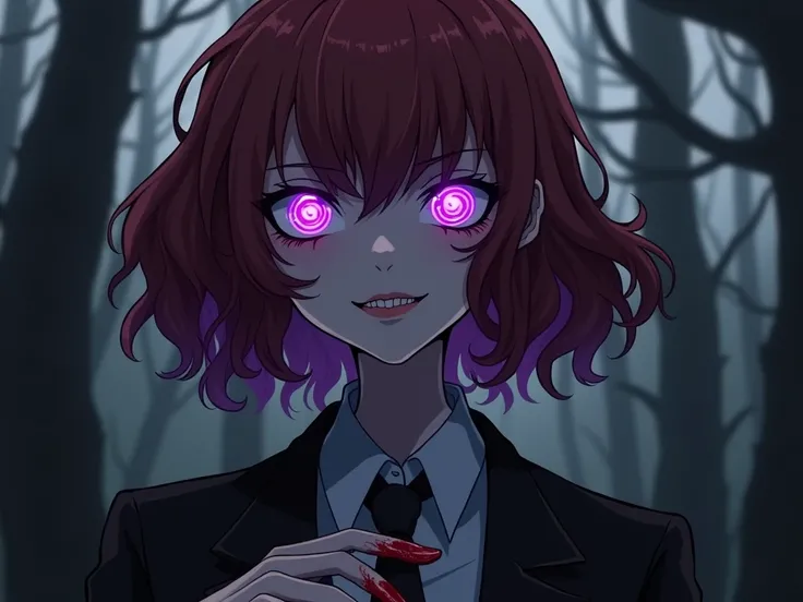 A corrupted reanimated  boy named Morgan. 
Morgan has middle sized bob style wavy dark red-layered hair layered at the ends with purple tips at the ends.
Glowing purple eyes with hypnotic spirals, crying black tears. 
Morgan has a feminine like appearance ...