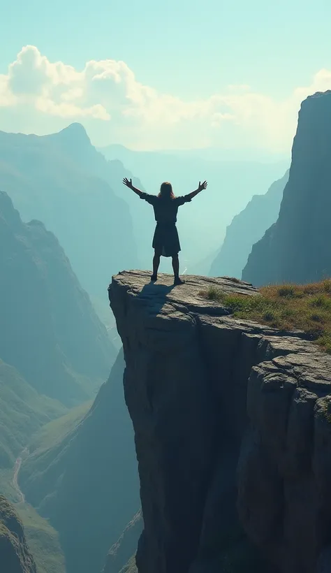  Person standing on top of a cliff with open arms, symbolizing self-confidence and overcoming .