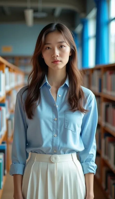 The image is a portrait of a young woman standing in a library. She is wearing a light blue button-down shirt with a white pleated skirt. She has long brown hair and is looking directly at the camera with a serious expression. Behind her, there are bookshe...