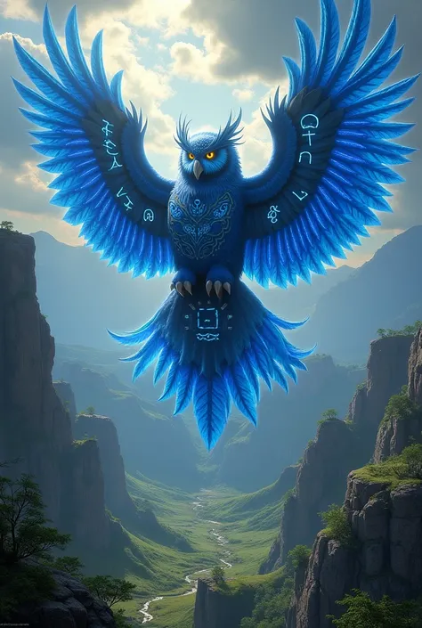 Create final fantasy style: a gigantic owl with blue feathers filled with runes on its feathers in a beautiful valley