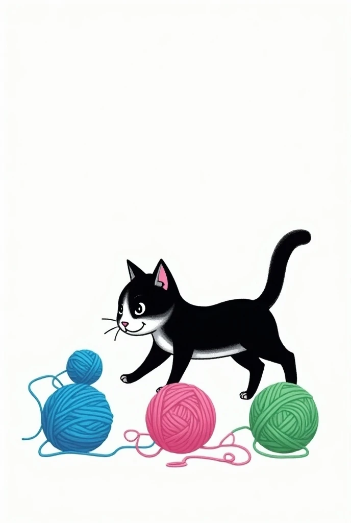 Drawing of a black and white cat playing with three balls of yarn, one blue, one pink and one green 
Only three balls of yarn, from the left to the right, one blue, one pink and one green 
Add slightly more space between the balls of yarn and the cat touch...