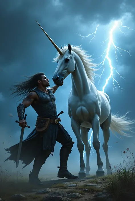 Man is raiding a white unicorn and holding a sword and wear a black shirt whit paint and black shoes and the background is deep blue and thunder storm in the sky