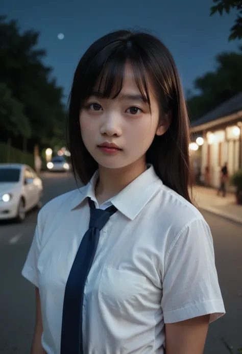 Photo realistic,Asian,black hair,bangs,small breasts,white shirt,blue necktie,outdoor,night,upper body