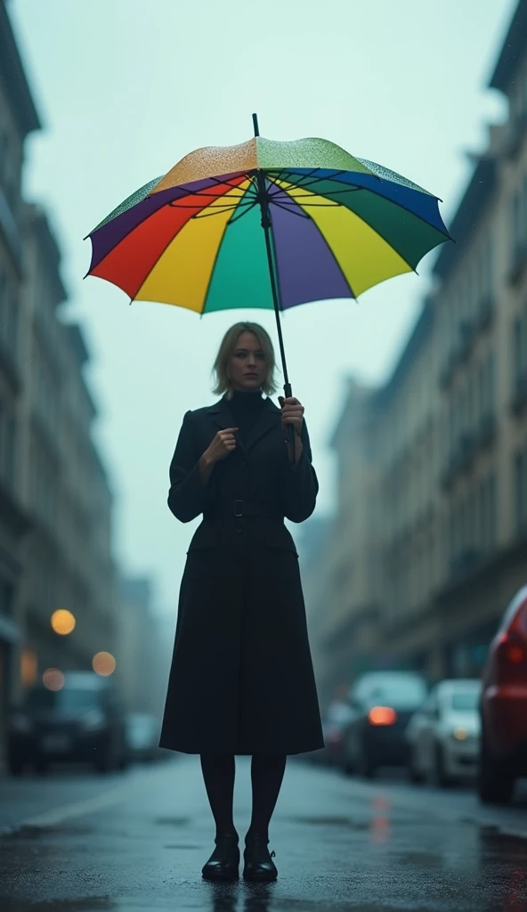  Person holding a colorful umbrella on a cloudy street, representing balance between seriousness and levity .
