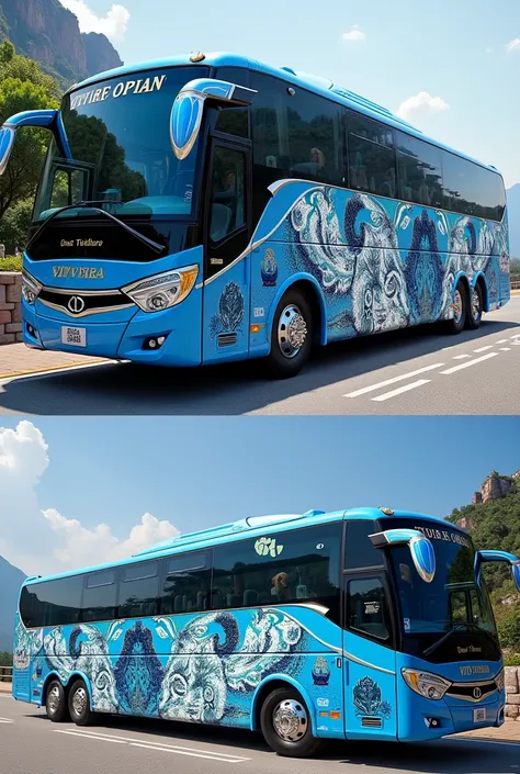 create a vip ac toursit bus in blue and white color texture peacock design pictures drawn in its outer body all angle side view