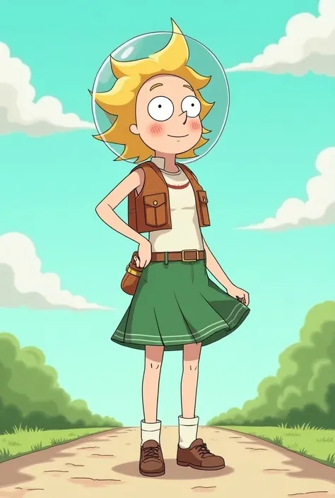 Annie, Rick and Morty ,  a girl, blonde hair, Standing alone, Insignia,  green skirt , freckles, Space helmet,  travel pocket , vest,smile,  white shirt outdoors, ( lift skirt ), ( hand up vagina ), , Standing, smile saliente,  open legs,  looking at the v...