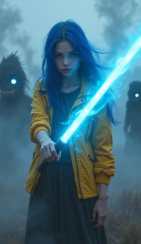 a teenager with blue long hair wearing a yellow jacket holding a magical blue sword and looking straight to the camera, the magical sword is glowing and her eyes too , her eyes is blue, shes in a field with monsters that looks like a black smoke soul with ...