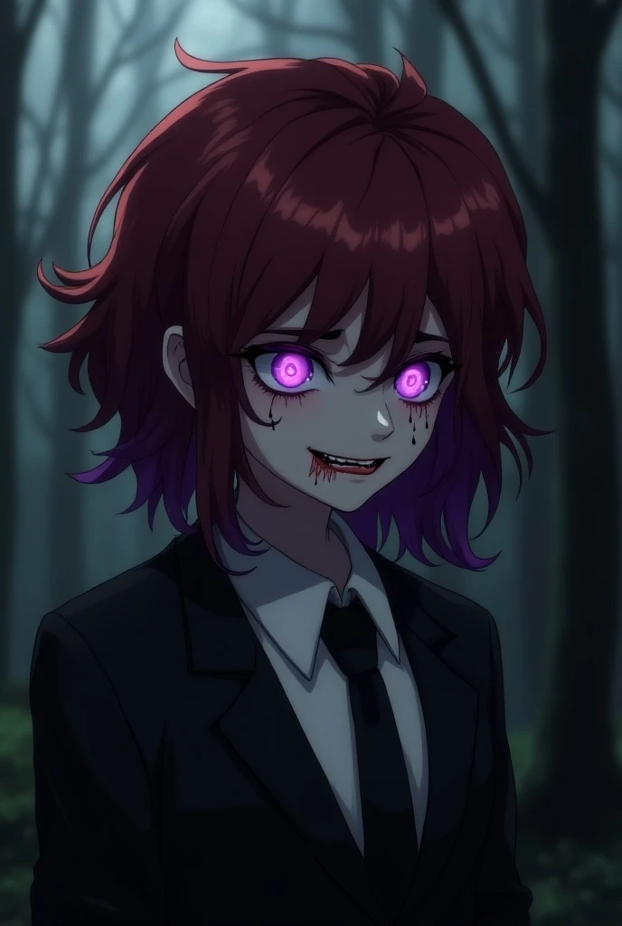 A corrupted reanimated  boy named Morgan. 
Morgan has middle sized bob style wavy dark red-layered hair layered at the ends with purple tips at the ends.
Glowing purple eyes with hypnotic spirals, crying black tears. 
Black veins near the eyes.
Morgan has ...