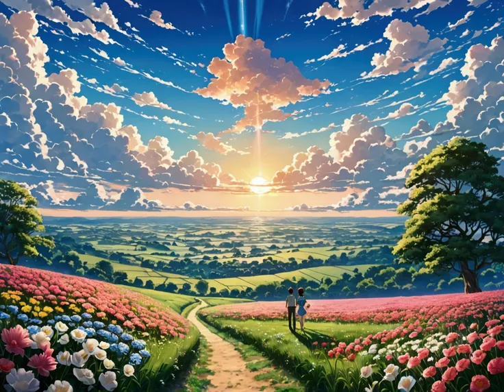 Draw simple art in the Tintinpixai style, a couple in love in a large field full of flowers with clouds in the sky, Amazing sky, Stunning photo, Epic and impressive, Crossing the blue horizon, beautiful anime peace sce anime-realistic anime-realistic!! ! !...