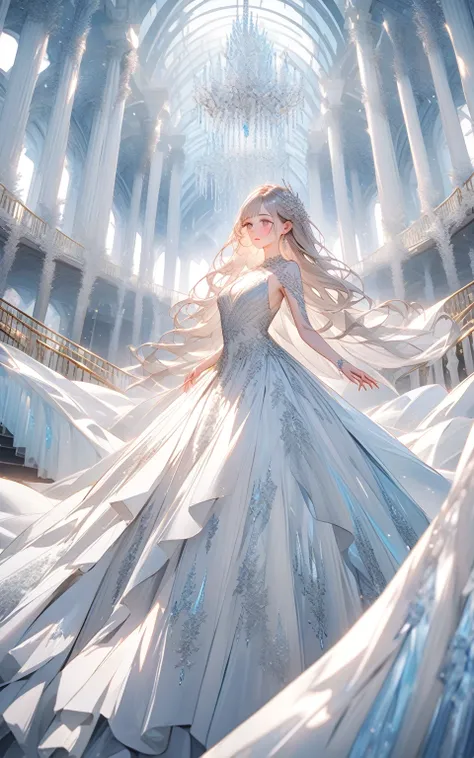 ice palace evening gown"
 prompt : Hyper-detailed nano-textured evening gown in 8K resolution, showcasing intricate frost-like embroidery patterns and vibrant silver and white colors. The scene features a model descending a grand staircase in an ice palace...