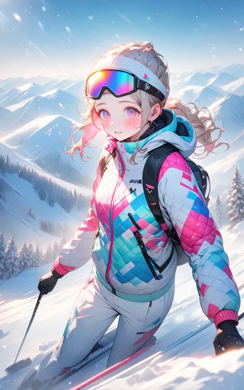 "Snow Mountain Ski Resort Sportswear"
 prompt : Hyper-detailed nano-textured ski outfit in 8K resolution, showcasing intricate thermal insulation patterns and vibrant neon colors. The scene features a group of skiers on a chairlift against a backdrop of sn...