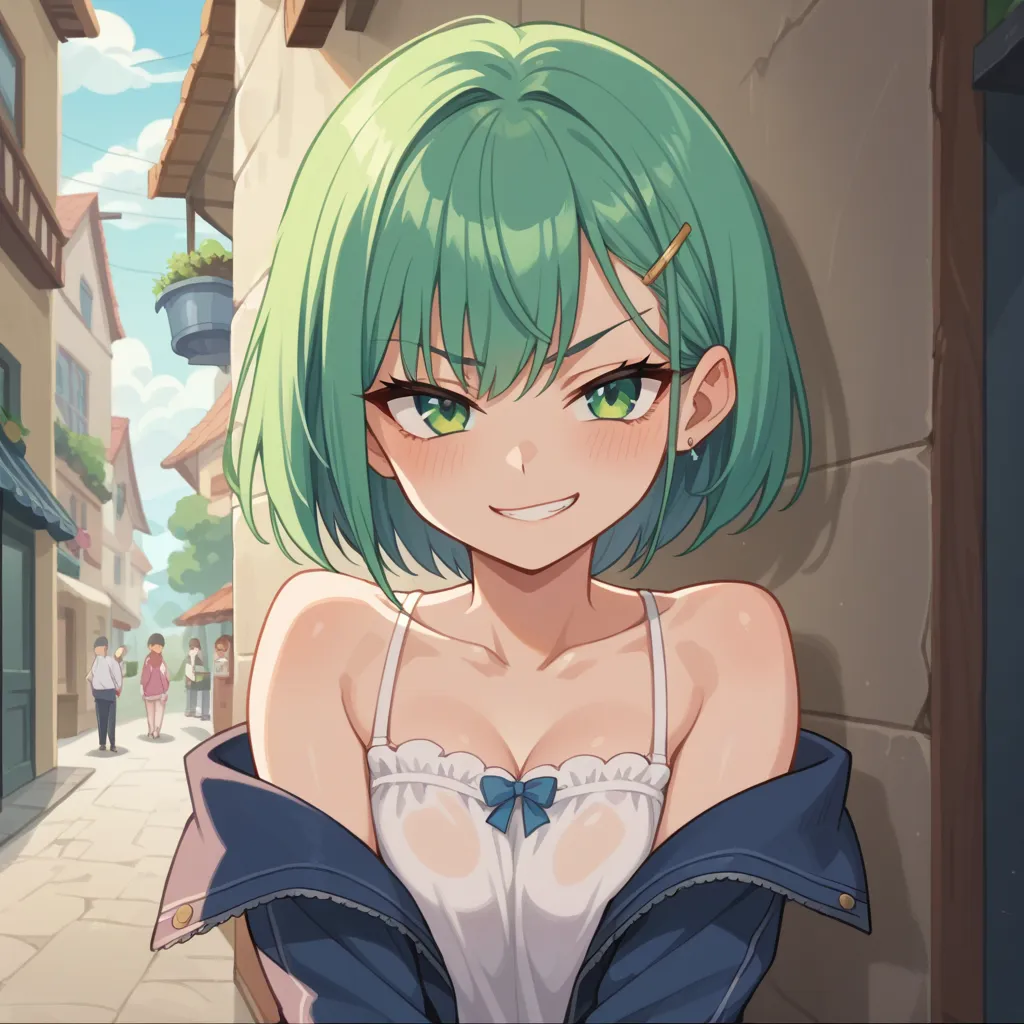 Woman, green eyes, smirk, anime screencap 2d,