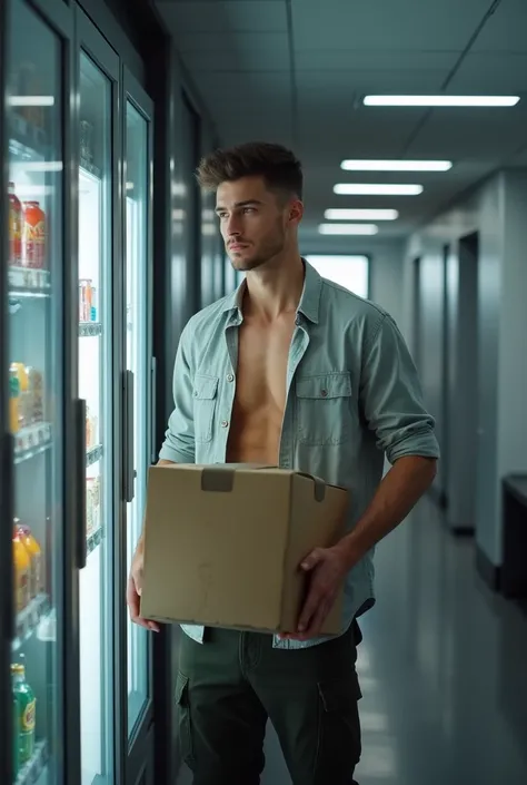 A tall, hot, handsome, muscular young man in his 20s works as a vending machine restocker, loading up snacks and drinks into a machine in a quiet office building. His smooth white skin contrasts with the fluorescent lights overhead, and his strikingly hand...