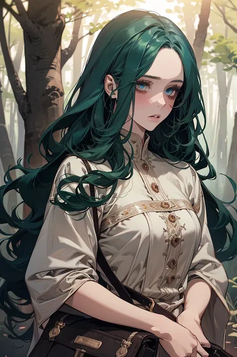 A beautiful young girl with long green hair, intense blue eyes, wearing a fresh white medieval dress, carrying a blue travel bag, with an innocent gaze, rosy cheeks, age 16, standing in a forest surrounded by many trees, manga style, (best quality,4k,8k,hi...