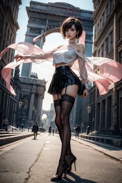 24-year-old female、The beauty of slim abs: 1.3、Sexy proportions、Sexy、Pixie Cut、Pink inner color、High neck blouse with lace embellishment((Sheer))、Low-rise mini pleated skirt、Stiletto heels、Black Stockings、Arc de Triomphe background、Cowboy Shot、Place hands ...