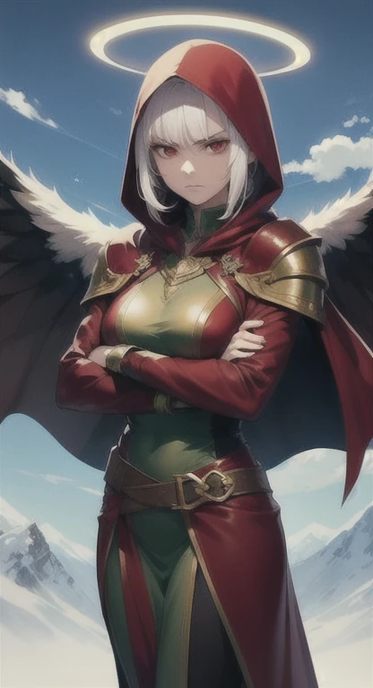 Young and sophisticated Devine goddess, horns, wings, halo, white hair, red eyes, Cetacia, leather armor, hooded cape, model, green, warm mountain village, looking annoyed, crossed arms pose,