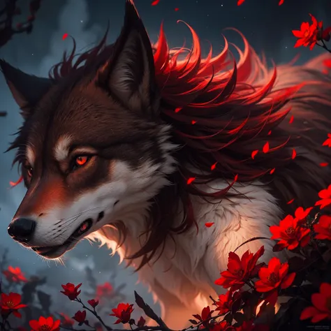 a sinlge brown wolf with red eyes, night starry sky, full red moon, red higanbana flowers, detailed fur, realistic, cinematic lighting, dramatic composition, ultra-detailed, best quality, 8k, photorealistic, masterpiece, vibrant colors, dramatic shadows, m...