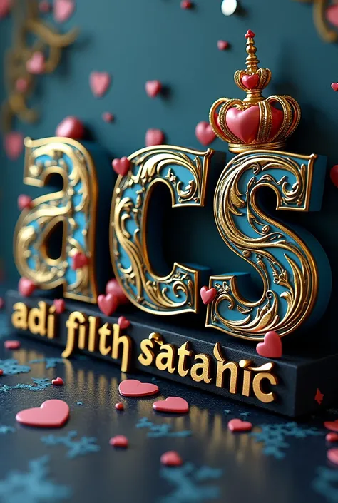 A visually stunning and luxurious 3D render of the letter "A.C.S". The letter is intricately adorned with gold and blue accents, featuring swirling patterns, hearts,
and a majestic gold crown housing a hidden heart. The name "ADI FILTH SATANIC" is prominen...