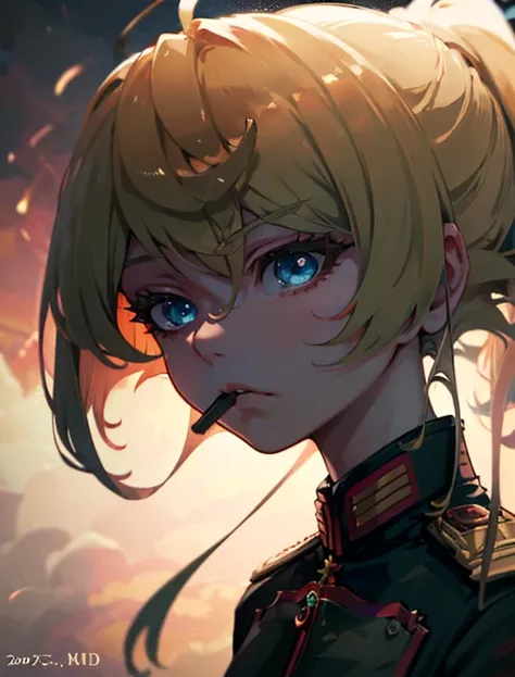 A detailed, photorealistic portrait of Tanya Degurechaff, the main character from the anime series Youjo Senki, with beautiful detailed eyes, sharp facial features, long eyelashes, wearing a military uniform, set in a war-torn environment with explosions a...