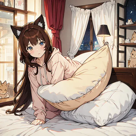 Nightwear, girl,  cute,A blank look, Brown Hair,  wearing a hood with cat ears,Im holding a body pillow , lying on the bed 