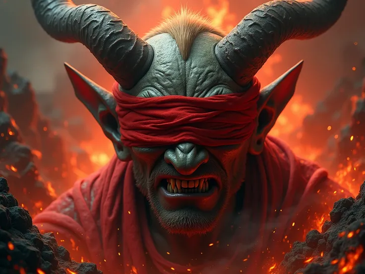 A hyper-realistic and terrifying depiction of the Devil’s face as the focal point. His features are sharp and menacing, with prominent horns, jagged teeth, and an expression that exudes malice. His eyes are blindfolded with a striking red cloth, tightly wr...