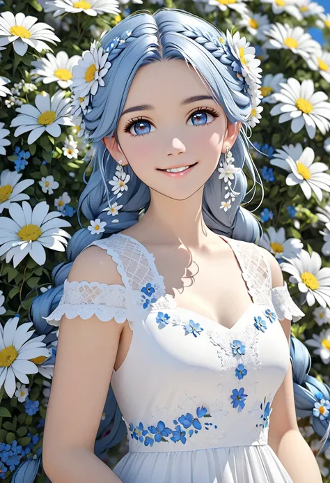 a 3d rendered image of a beautiful girl wearing a white dress, 1girl, hair flower, flower, solo, hair ornament, dress, white flower, long hair, braid, twin braids, smile, blue hair, white dress, jewelry, breasts, looking at viewer, earrings, blush, brown e...