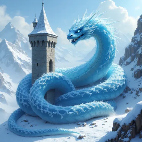 An ice snake made of ice wraps around the tower of a stone castle covered with snow. Winter fantasy, a stone castle on the background of snow-capped mountains. In the ART style. A snake in close-up.
