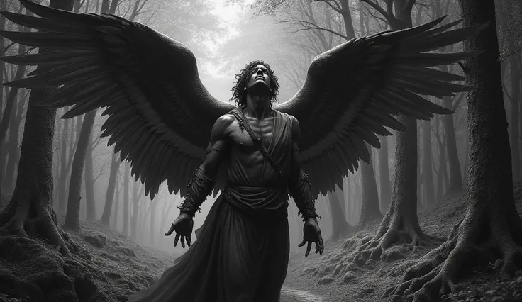 A depiction of Lucifer in an old engraving style, wings outstretched, melancholic and contemplative, dark forest background, inspired by Paradise Lost illustrations, detailed textures and shading,Gustave Doré style,Gustave Doré style,Gustave Doré style,Gus...