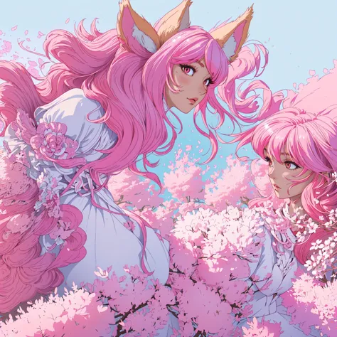 araffe with pink hair and a white dress and a pink cat ears, fox nobushi, ahri, pink fox, kitsune, kitsune three - tailed fox, portrait of ahri, seraphine ahri kda, anime highly detailed, 8k high quality detailed art, a beautiful kitsune woman, beautiful a...