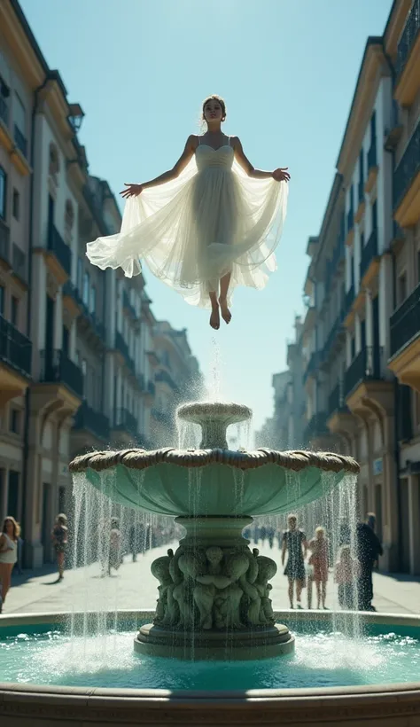 A  levitating over a water fountain in the city of Madrid.