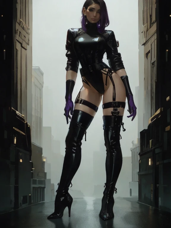 18+, Gorgeous and sultry busty athletic (thin) brunette cyborg assassin with sharp facial features wearing a black and purple leotard, artificial muscle fibers, gloves, thigh-high boots. Standing, city street.