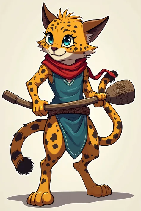  I want an illustration of a hybrid human character with a cheetah . He must be young ,  think of a teenager .  Use only a blue vest and a flowing red handkerchief around his neck to cover his body.  Also carry a fighting stick like the ones in Kung Fu ,  ...