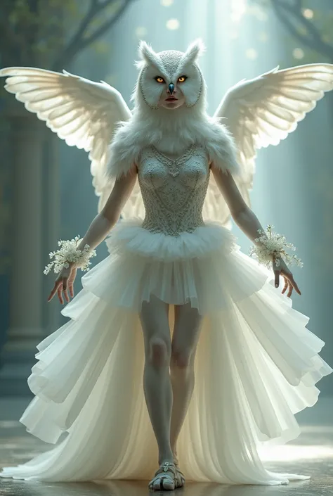 A woman with sexy full-body white owl features in ballet clothing 
