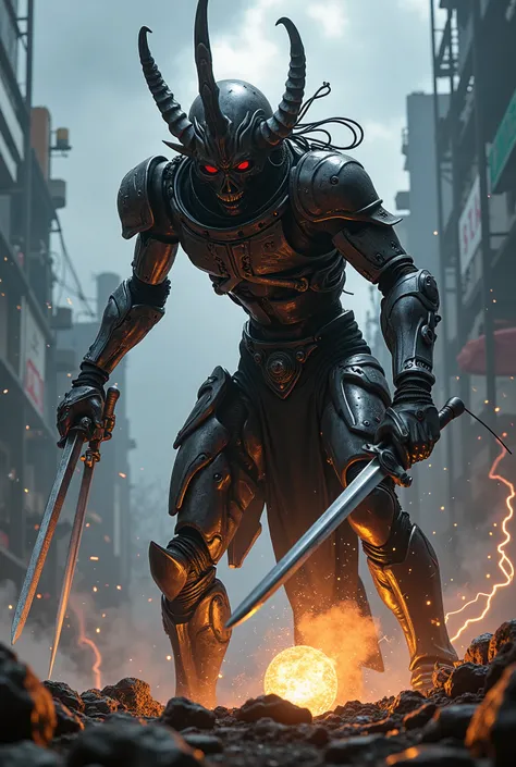 Japan in 2050、 The warrior looks like a fusion of samurai, skulls, aliens, predator, and terminator look here in a flashy pose、 has 3 arms on the left and right like an Asura statue, and holds 4 swords and a cyber ray gun raised, respectively、 the face is ...