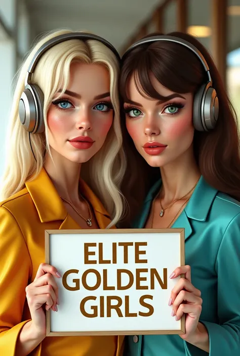 a blonde woman,  blue-eyed headphones,  next to a woman with brown hair and green eyes, both hold a sign that says  " Elite Golden Girls "