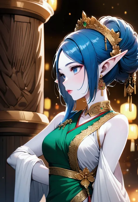 Elf, woman with blue hair, blue eyes, emerald, white skin, wearing Thai dress